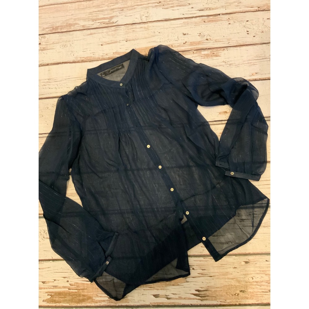 Patterson J. Kincaid Navy Blue Sheer Pinstripe Button Down Blouse Medium